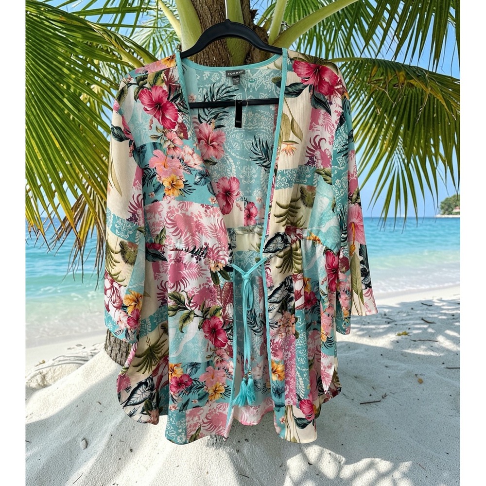 NWT Torrid Beach Swim Coverup Crepe Hawaii Floral Palm trees Blue Pink SIZE 00/0